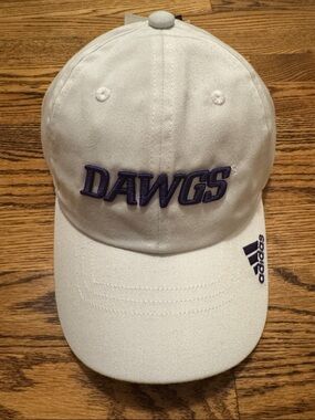 Gender Neutral White Adidas Baseball Cap with Purple DAWGS Embroidery